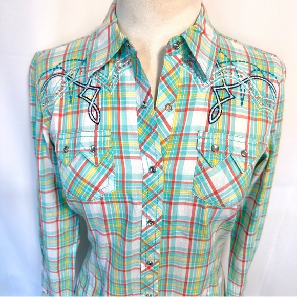 NEW ARIAT PASTEL PLAID RHINESTONE SNAP FRONT BLING EMBROIDERED WESTERN SHIRT SzS - Picture 2 of 11